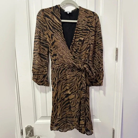 Ganni Dress | Animal Print Wrap Mini | Size: 38/4-6 - Picture 4 of 10